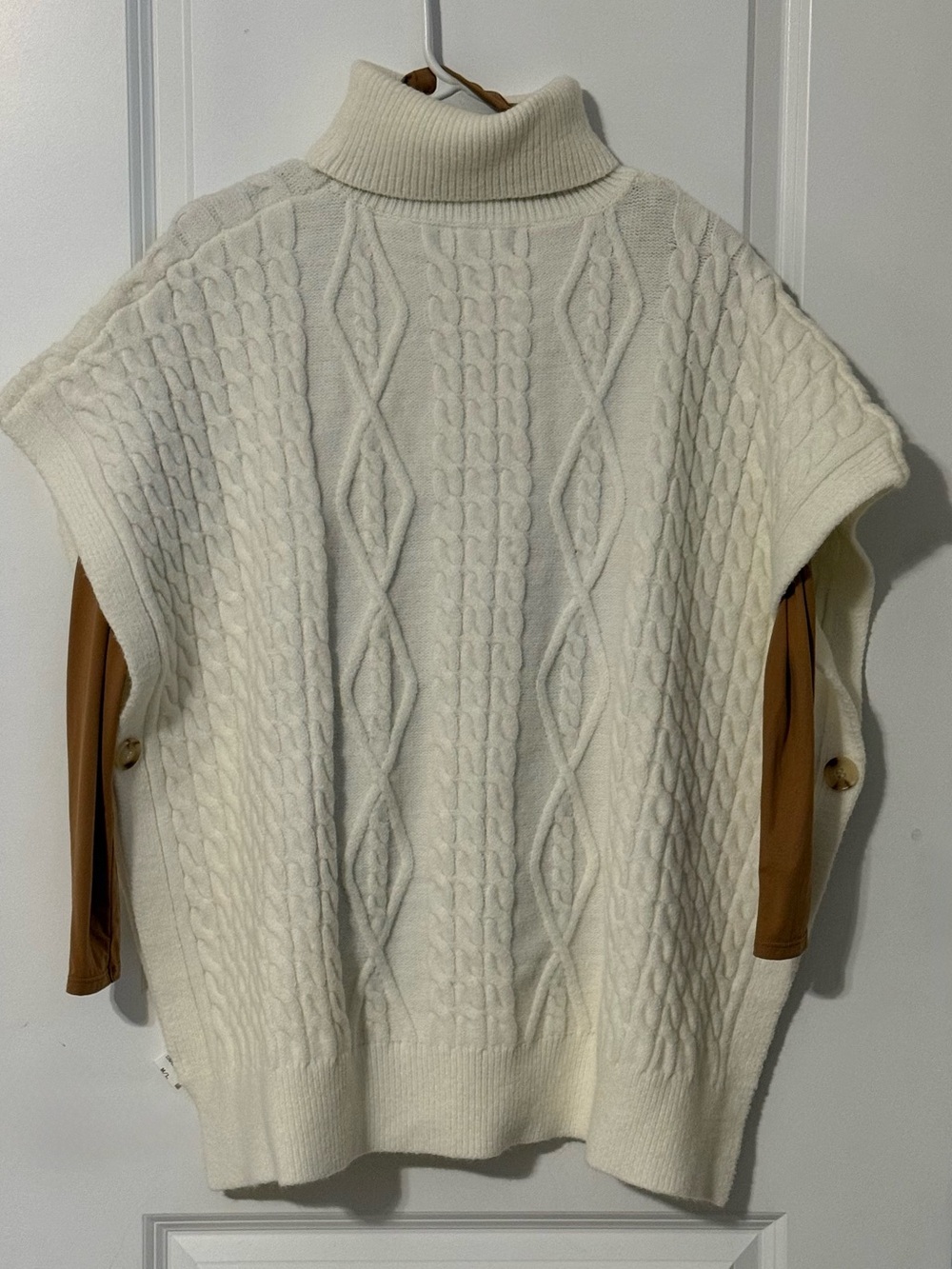 Cream Cable-Knit Turtleneck Poncho Sweater, M/L